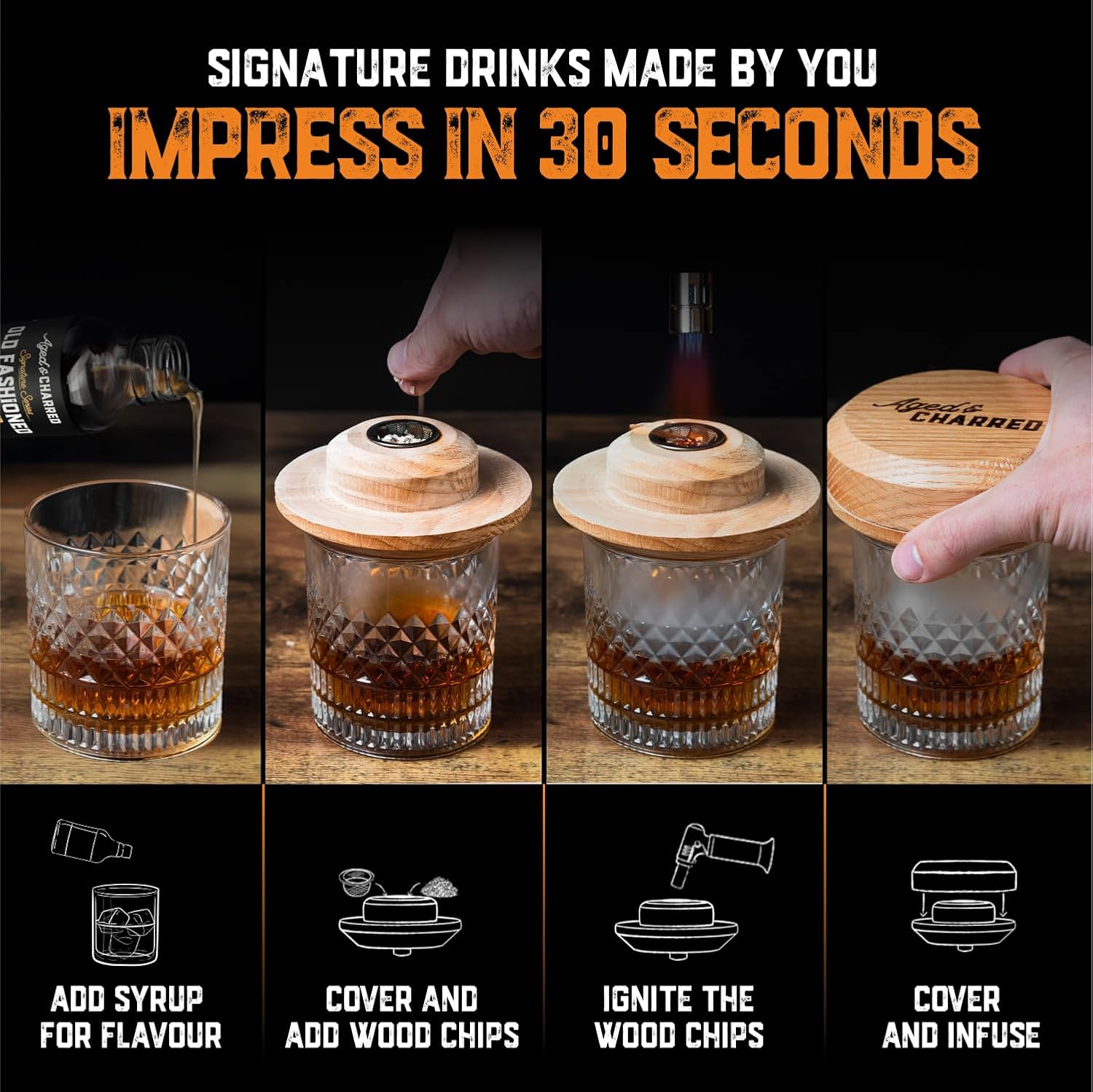 Whiskey Smoker Kit with Torch, Old Fashioned Syrup & 8 Flavour Wood Chips | Patent-Pending USA Oak Lid | Bourbon Gift Set for Men | No Butane - Image 5