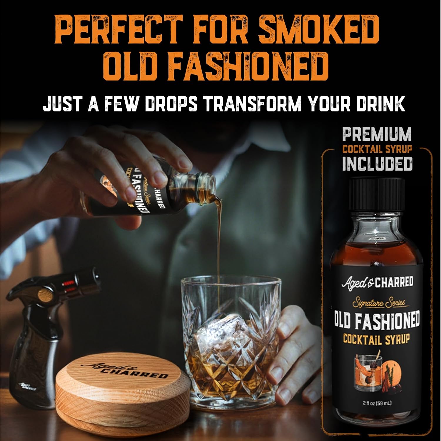 Whiskey Smoker Kit with Torch, Old Fashioned Syrup & 8 Flavour Wood Chips | Patent-Pending USA Oak Lid | Bourbon Gift Set for Men | No Butane - Image 2