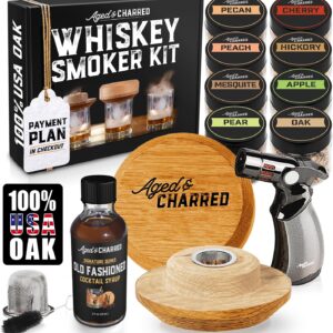 Whiskey Smoker Kit with Torch, Old Fashioned Syrup & 8 Flavour Wood Chips | Patent-Pending USA Oak Lid | Bourbon Gift Set for Men | No Butane