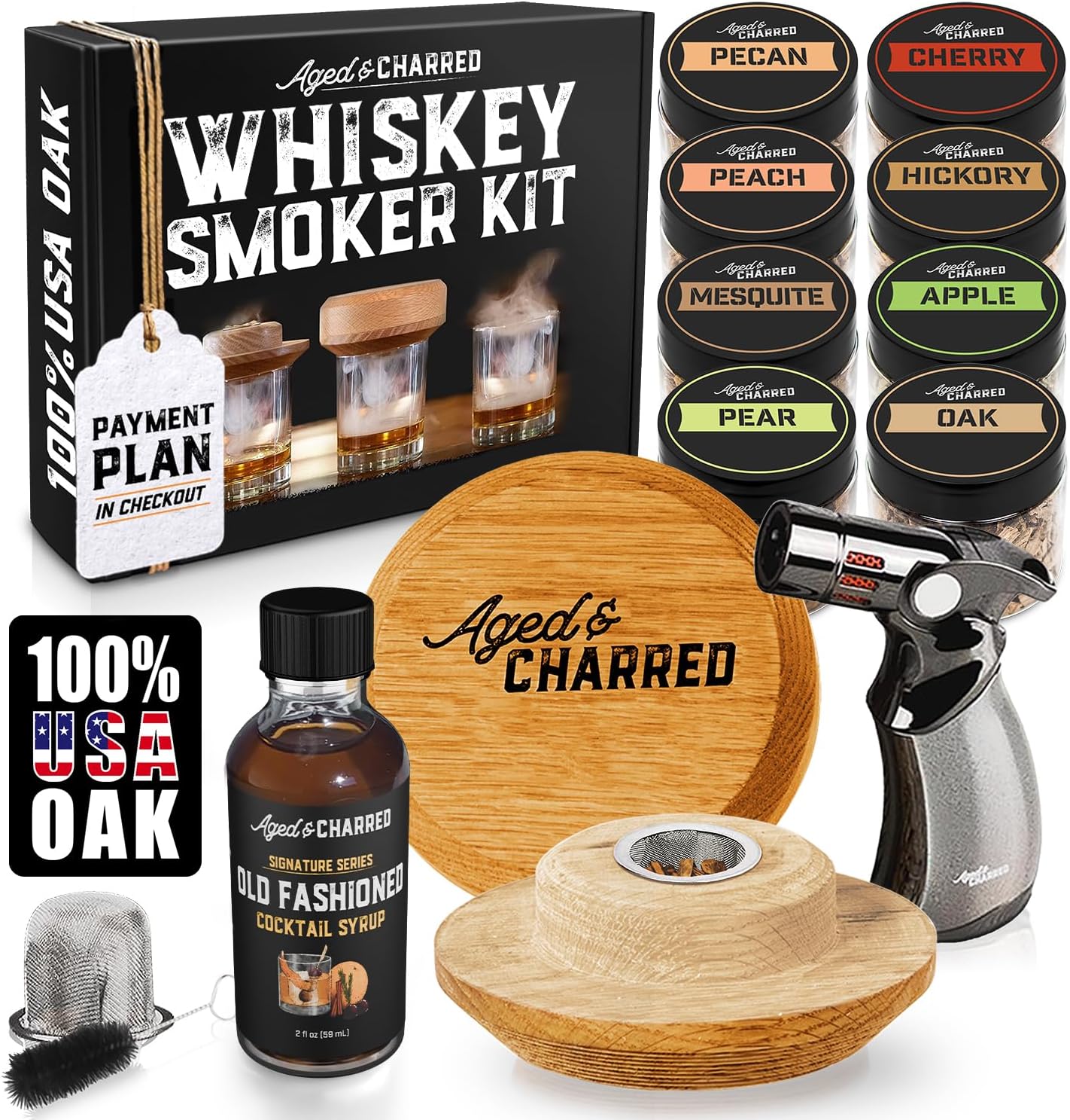 Whiskey Smoker Kit with Torch, Old Fashioned Syrup & 8 Flavour Wood Chips | Patent-Pending USA Oak Lid | Bourbon Gift Set for Men | No Butane