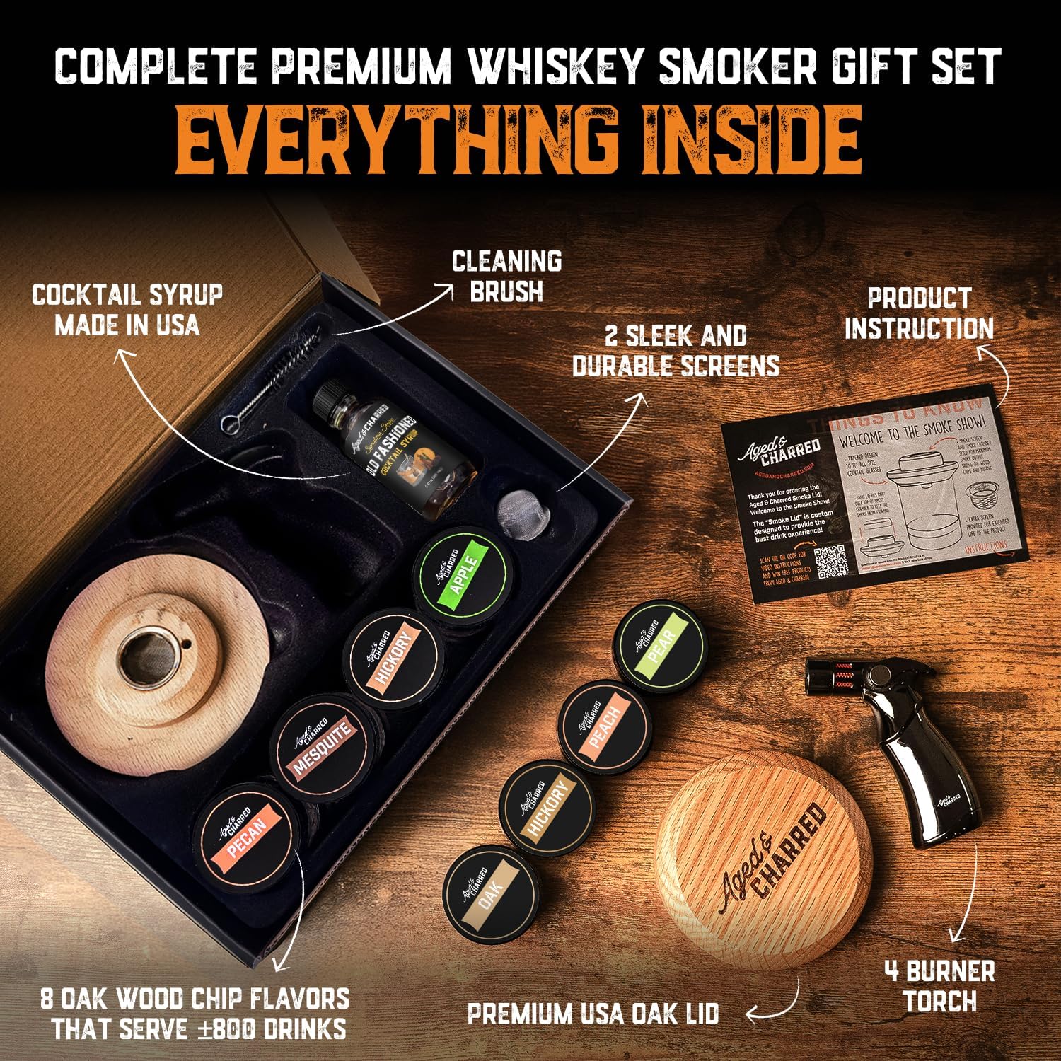 Whiskey Smoker Kit with Torch, Old Fashioned Syrup & 8 Flavour Wood Chips | Patent-Pending USA Oak Lid | Bourbon Gift Set for Men | No Butane - Image 3